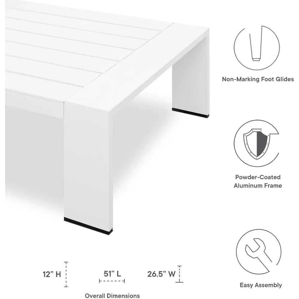 Outdoor Powder-Coated Aluminum Weather-Resistant Coffee Table, 26.5"D x 51"W x 12"H Outdoor Tables White