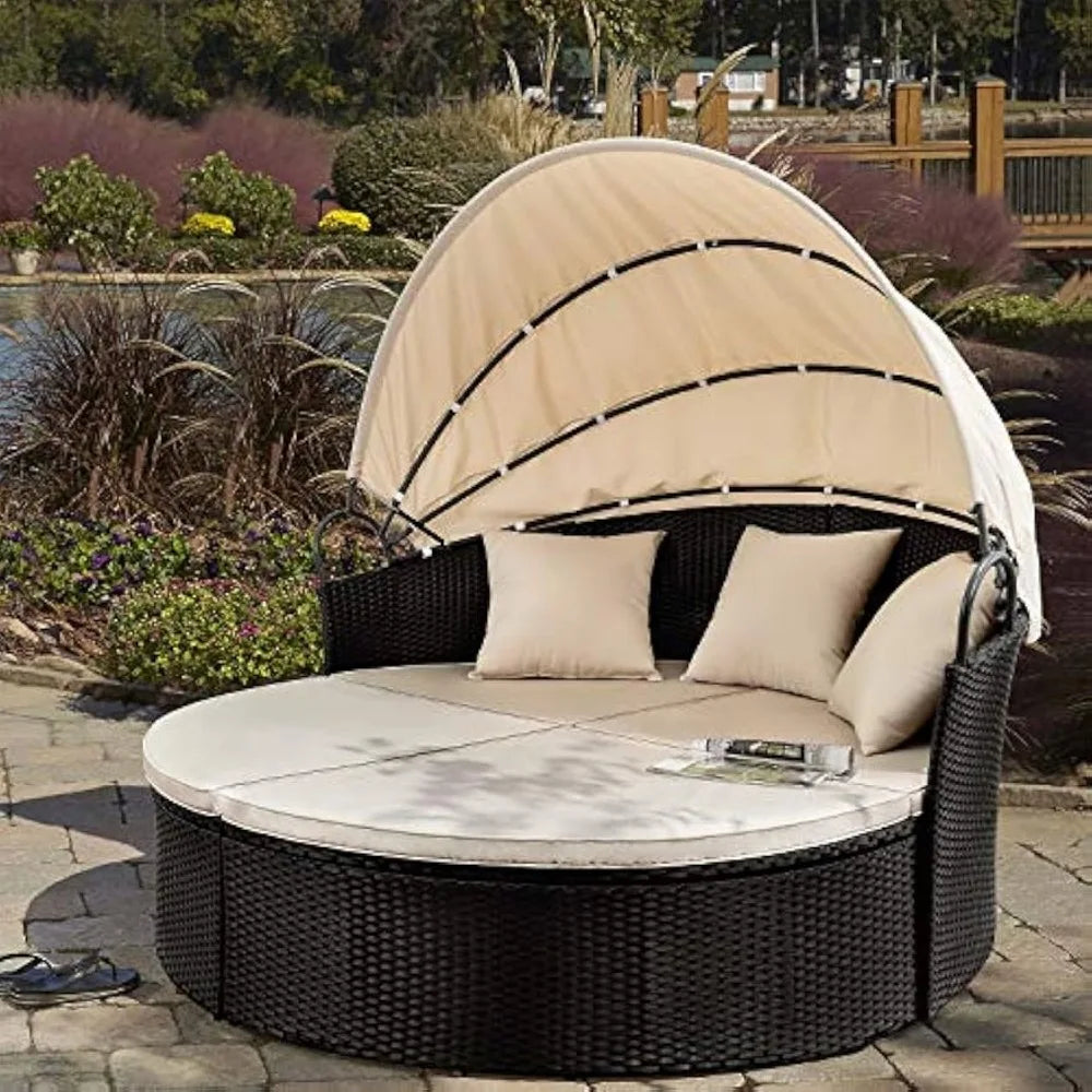 XMSJ Patio Furniture Outdoor Round Daybed with Retractable Canopy Wicker Rattan Separated Seating Sectional Sofa for Pati