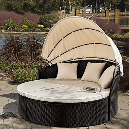 XMSJ Patio Furniture Outdoor Round Daybed with Retractable Canopy Wicker Rattan Separated Seating Sectional Sofa for Pati