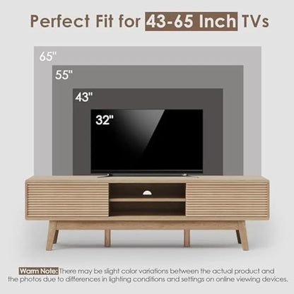 59" Mid Century Modern Wood Console, Boho TV Stand for 55/60/65 Inch TV, Low Profile Media Console with Fluted Sliding Doors