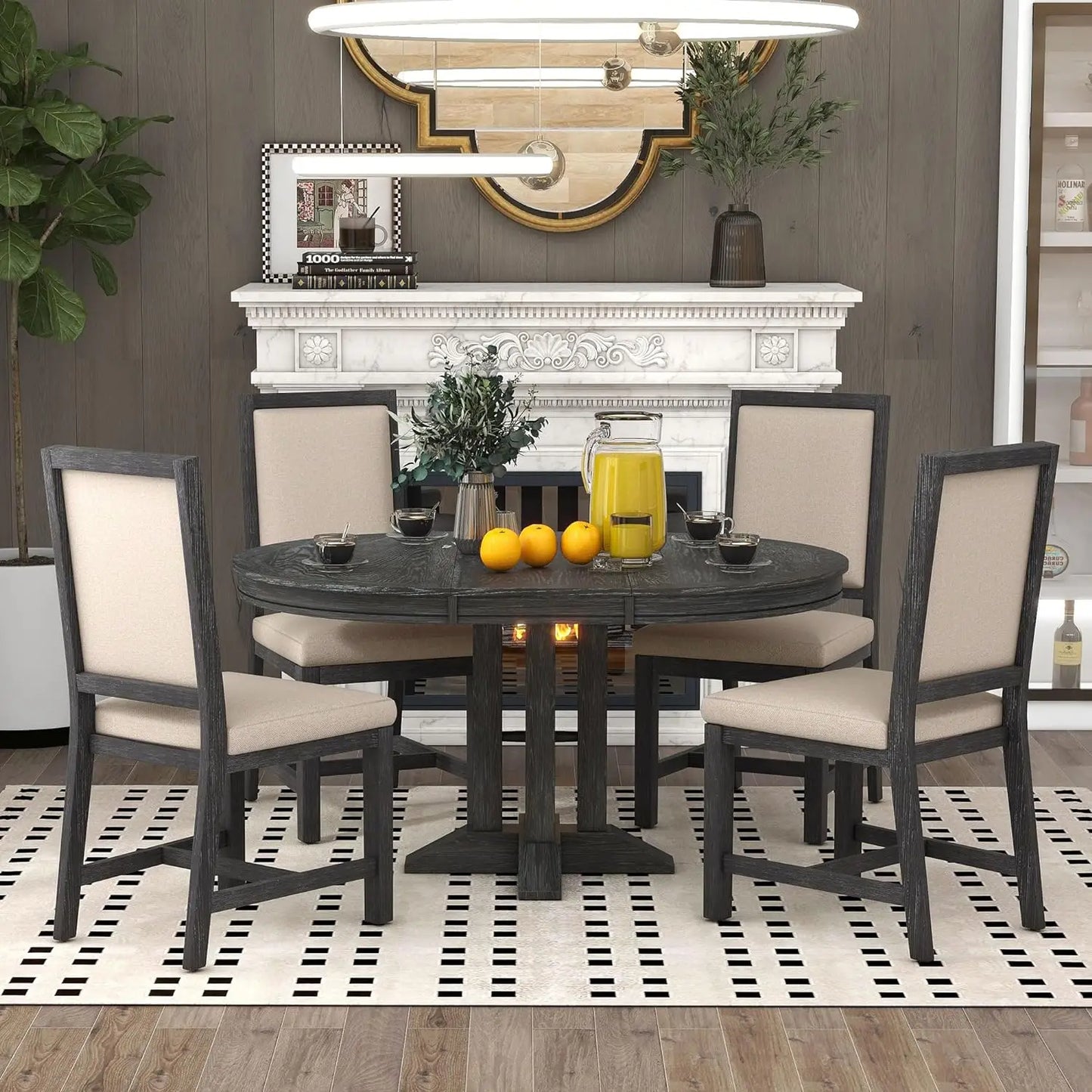 5-Piece Round Dining Table Set, Extendable Table with 4 Upholstered Chairs, Dining Room Table Sets, Kitchen Tables sets