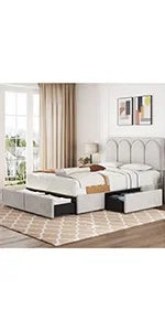 Queen Size Bed Frame with USB Charging Station/Port Storage Drawers,Leather Upholstered Platform Bed with Headboard