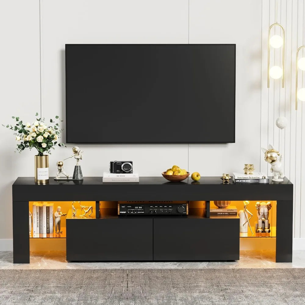 Modern LED TV Stand for Televisions up to 70 Inch with Glass Shelves and Drawer, Gaming Entertainment Center with Multiple