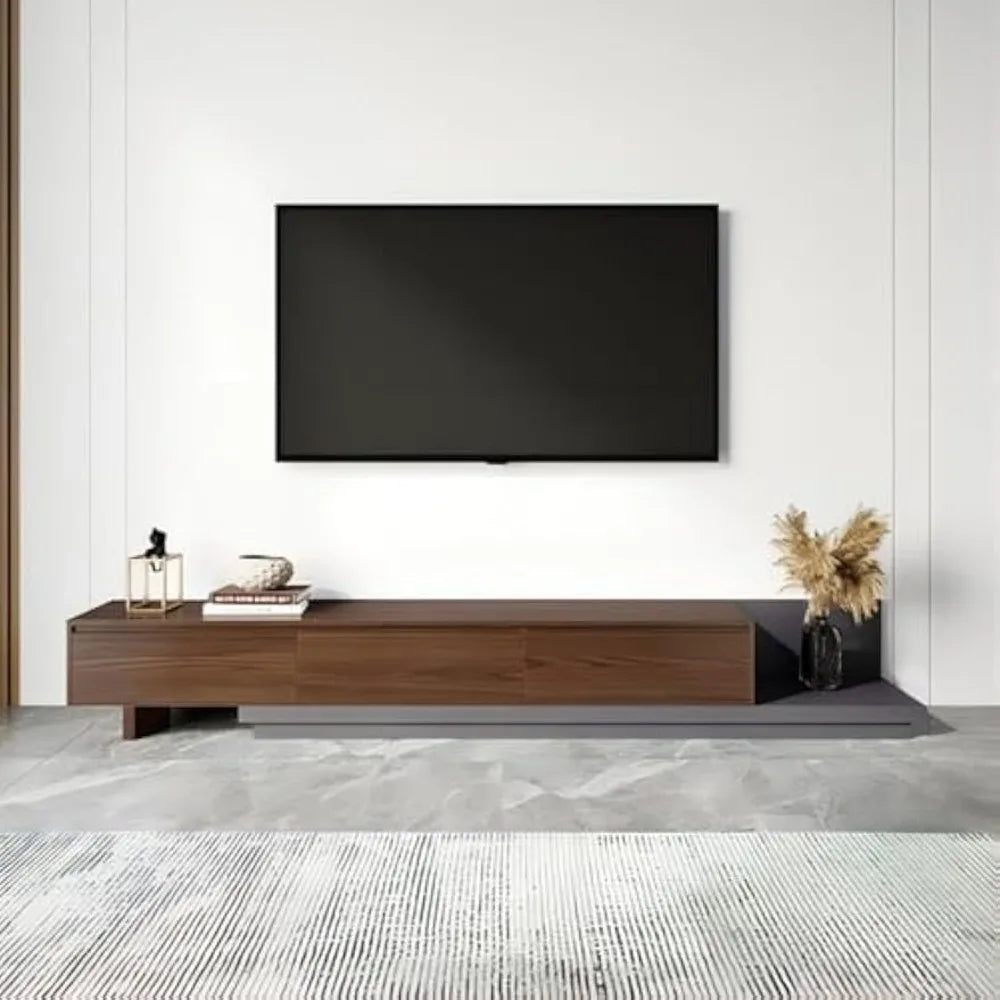 TV Stand, Minimalist Telescopic Rectangular 3 Drawer TV Stand, Walnut and Gray, Up to 120 Inches141.7 x 15.7 x 13.8 inches