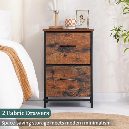 Night Stand Set 2, Nightstand with 2 Fabric Drawers, Small Wood Nightstands for Bedroom, Bedside Tables with Drawers