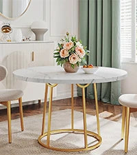 Round Dining Table 47.24 Inch Kitchen Table for 4 People Wooden Marble Pattern Dinner Room Table with Gold Base for Home Room