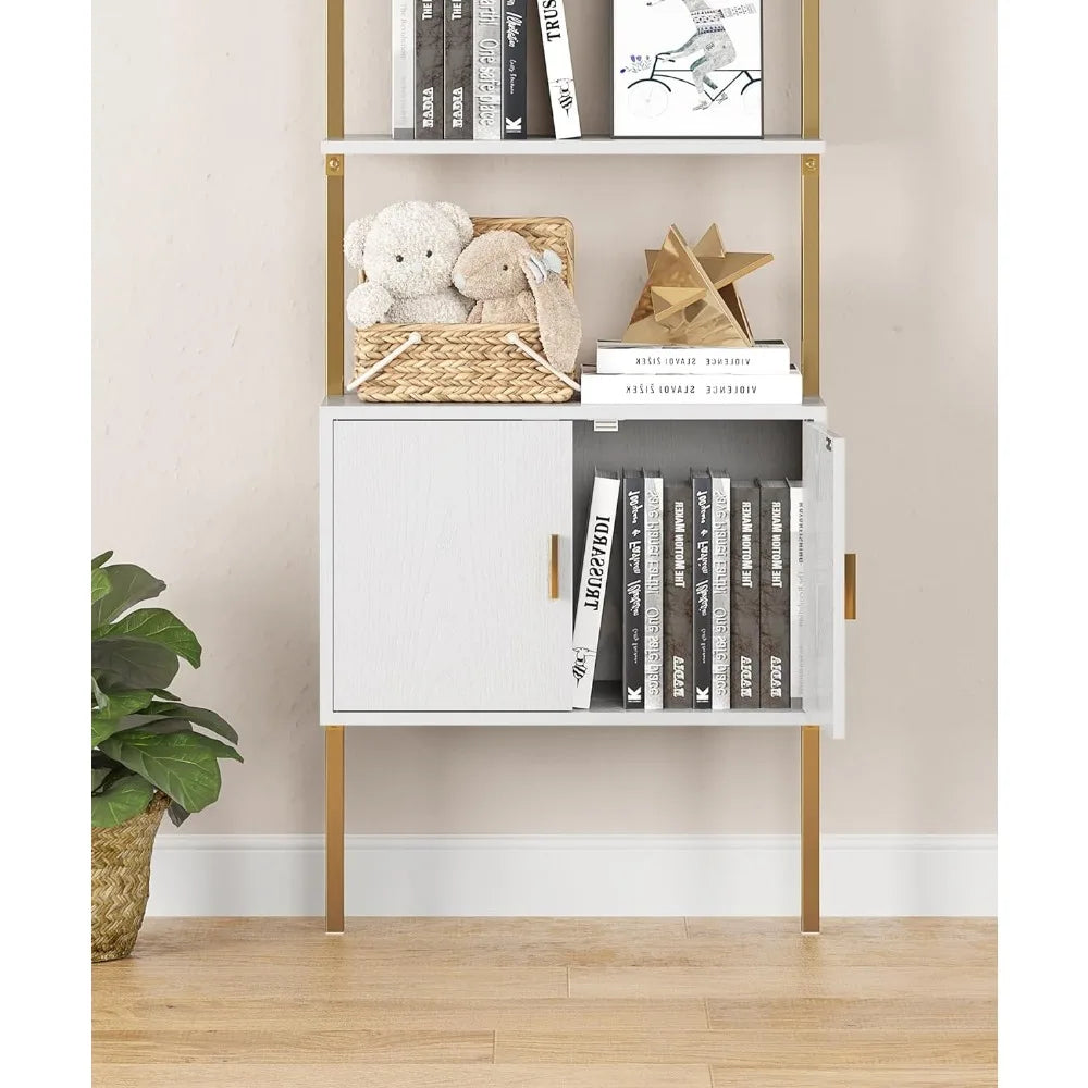 Ladder Bookshef with Cabinet, Wall Mounted Bookcases, 5 Tier Tall Open Display Rack, 73" Metal Industrial Bookshelf