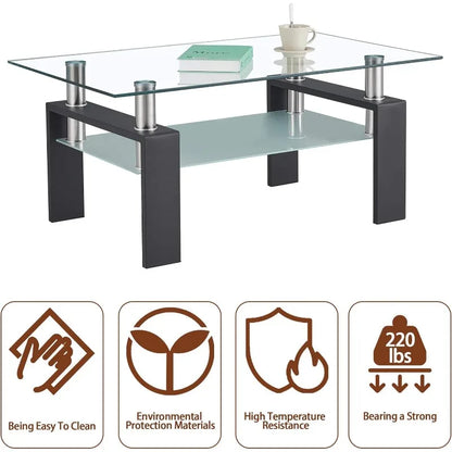 Clear Glass Coffee Table Metal Tube (All-Black)