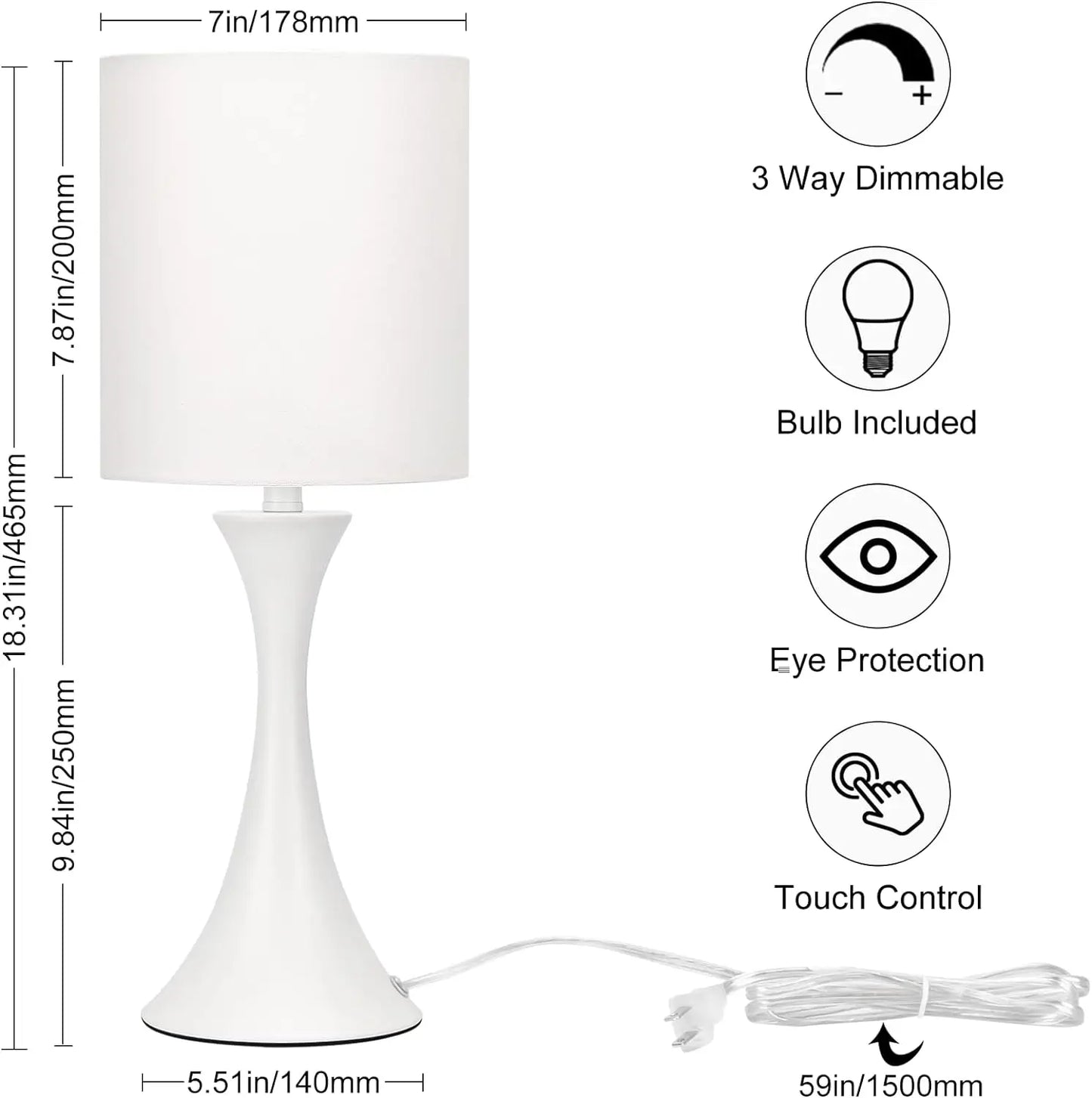 Modern Table Lamps, 3 Way Touch Control Table Lamp, Dimmable Desk Lamp, White Nightstand Lamp with Fabric Shade