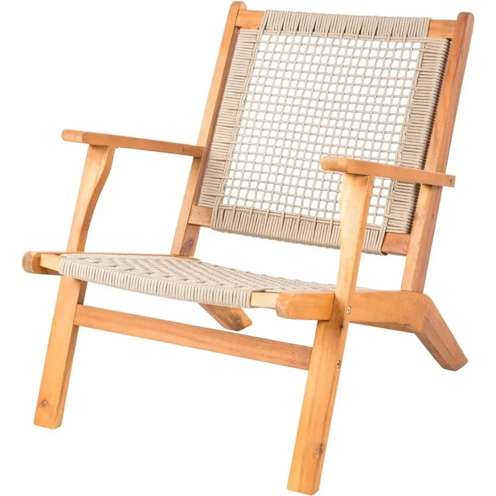 Natural Stain Outdoor Chair Acacia Wood Construction Hand Woven Seat Comfortable Reclining Armchair Patio Lawn Garden Backyard