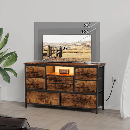 8 Dresser TV Stand with Power Outlet & LED for 55'' TV, Long Dresser for Bedroom with 8 Deep Drawers, Wide Console Table