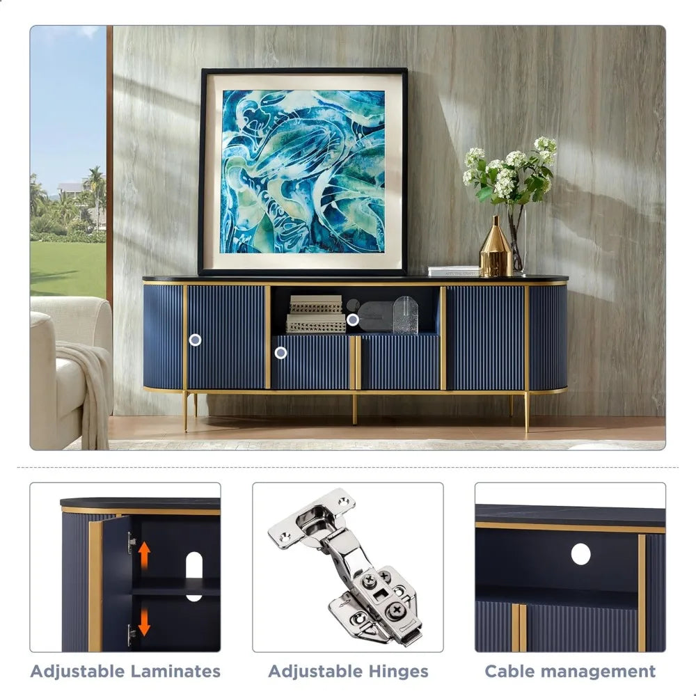 TV Cabinet, Luxury Curved Contour Design 70" Built-in TV Cabinet with Artificial Marble Top Can Hold 80" TV Suitable Navy Blue