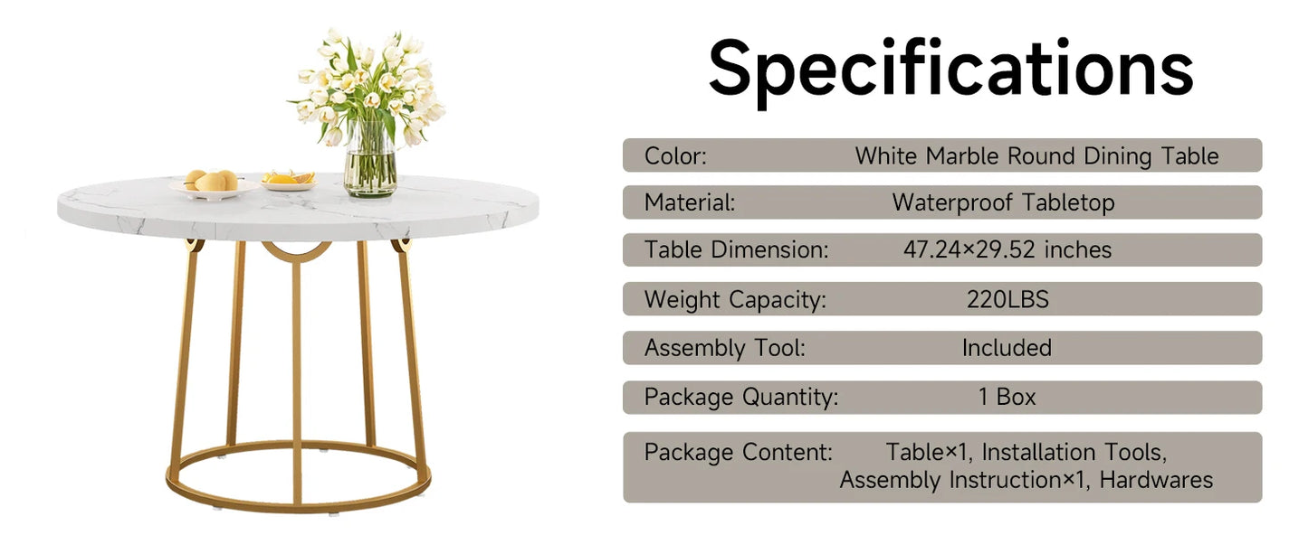 Round Dining Table 47.24 Inch Kitchen Table for 4 People Wooden Marble Pattern Dinner Room Table with Gold Base for Home Room