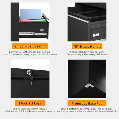 File Cabinet 2 Drawer Black, Metal 2 Drawer Filing Cabinet with Lock Locking File Cabinet for Letter/F4/A4 Size Hanging Files