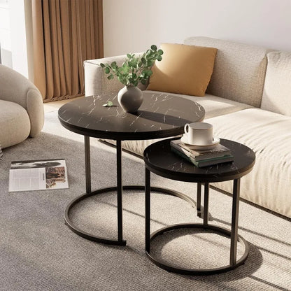 Coffee Table Nesting White Set of 2 Side Set Golden Frame Circular and Marble Pattern Wooden Tables, Living Room Bedroom