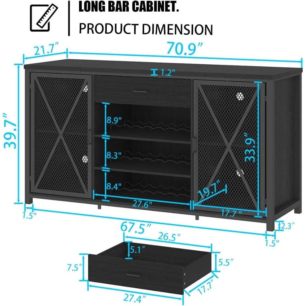 Bar Cabinet with Fridge Space and Rack, Big Wide Sideboard Buffet Cabinets with Drawer Storage, 70 Inch Display Cabinet