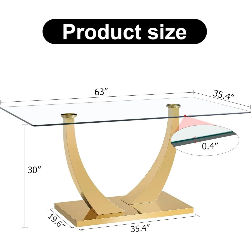 White marble dining table, 63 inch rectangular, imitation marble glass tabletop, gold MDF base, modern marble dining table