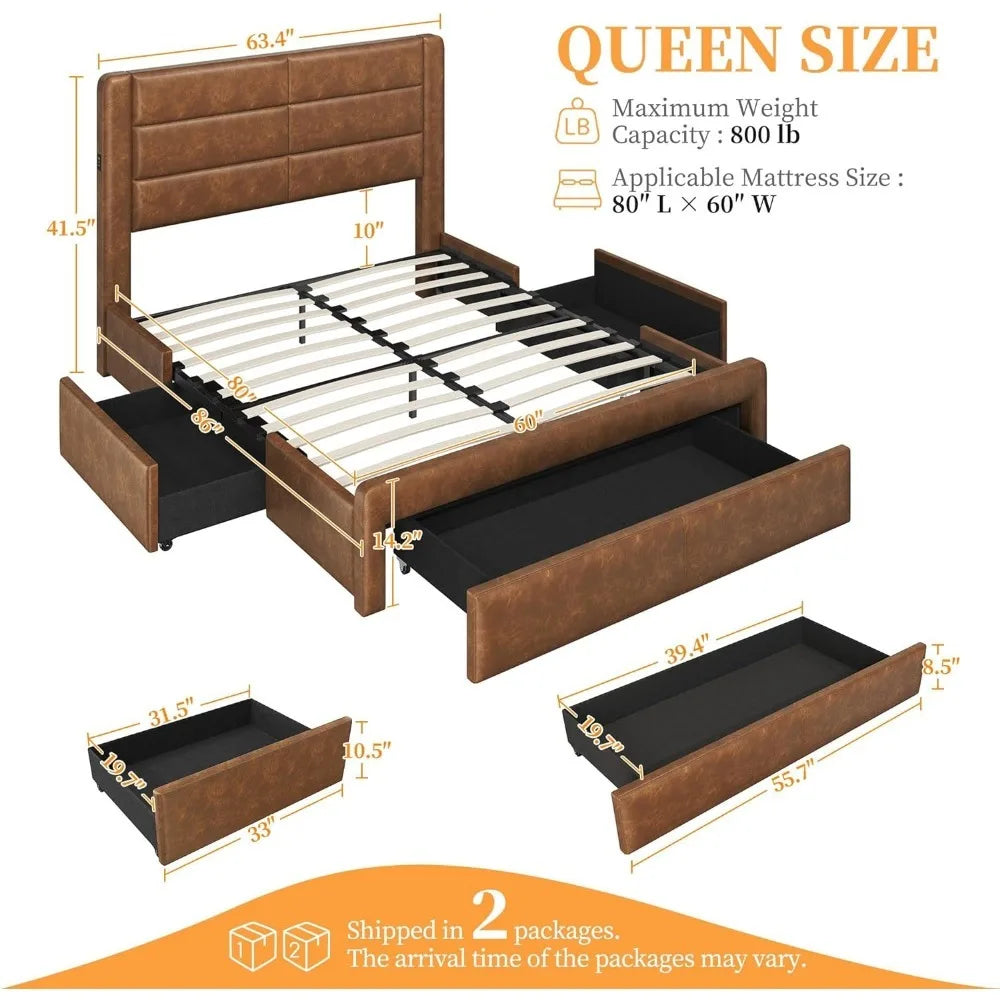 Queen Size Bed Frame with USB Charging Station/Port Storage Drawers,Leather Upholstered Platform Bed with Headboard