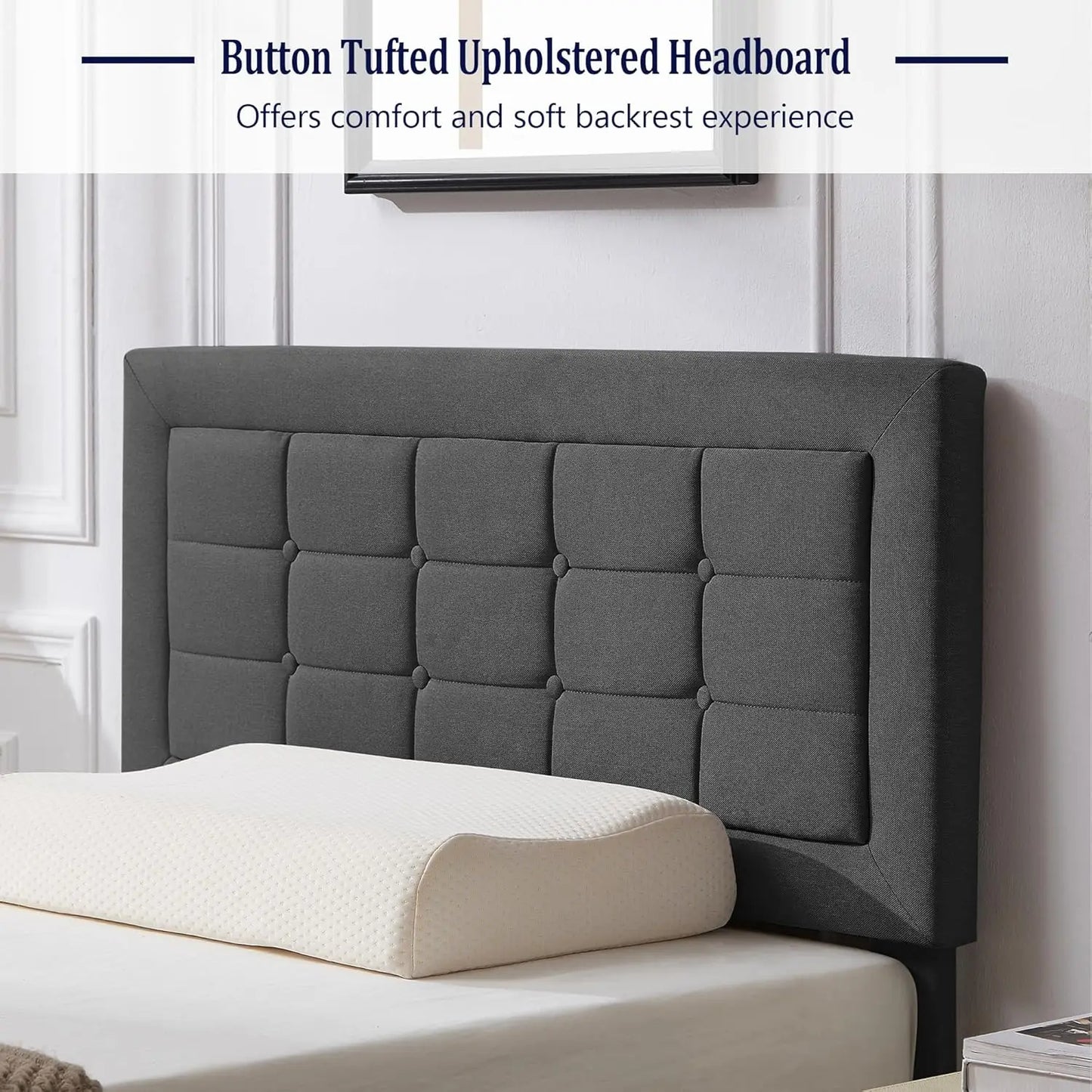 Twin Size Upholstered Bed Frame with Height Adjustable Fabric Headboard Heavy Duty Platform Bedframe Mattress Foundation Strong