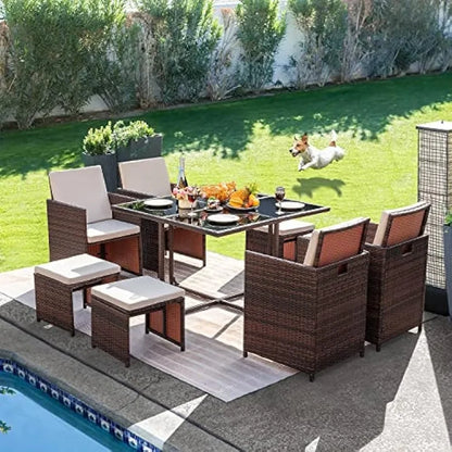 9 Pieces Dining Outdoor Furniture Patio Wicker Rattan Chairs and Tempered Glass Table Sectional Conversation Set Cushioned