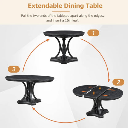 5-Piece Round Dining Table Set, Extendable Table with 4 Upholstered Chairs, Dining Room Table Sets, Kitchen Tables sets