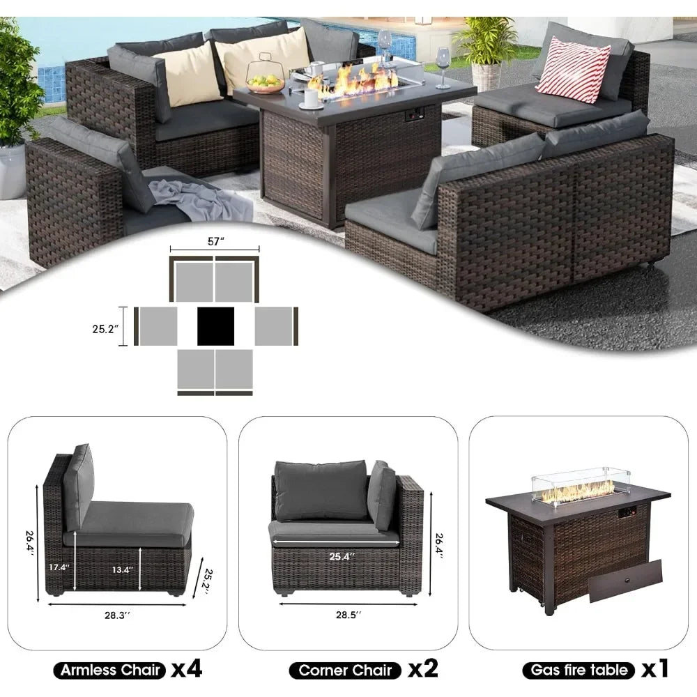 Patio Furniture Set 7 Pieces with Fire Pit Table Patio Sectional Furniture Sofa Chair Sets, PE Rattan Couch Conversation Set