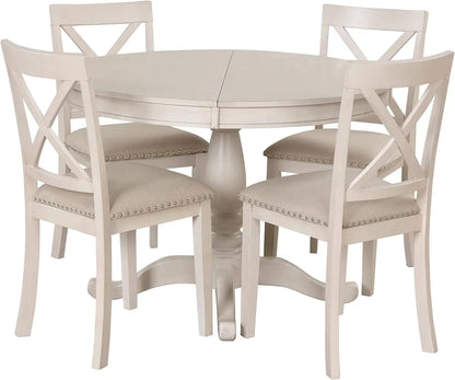 5-Piece Round Dining Table Set, Extendable Table with 4 Upholstered Chairs, Dining Room Table Sets, Kitchen Tables sets