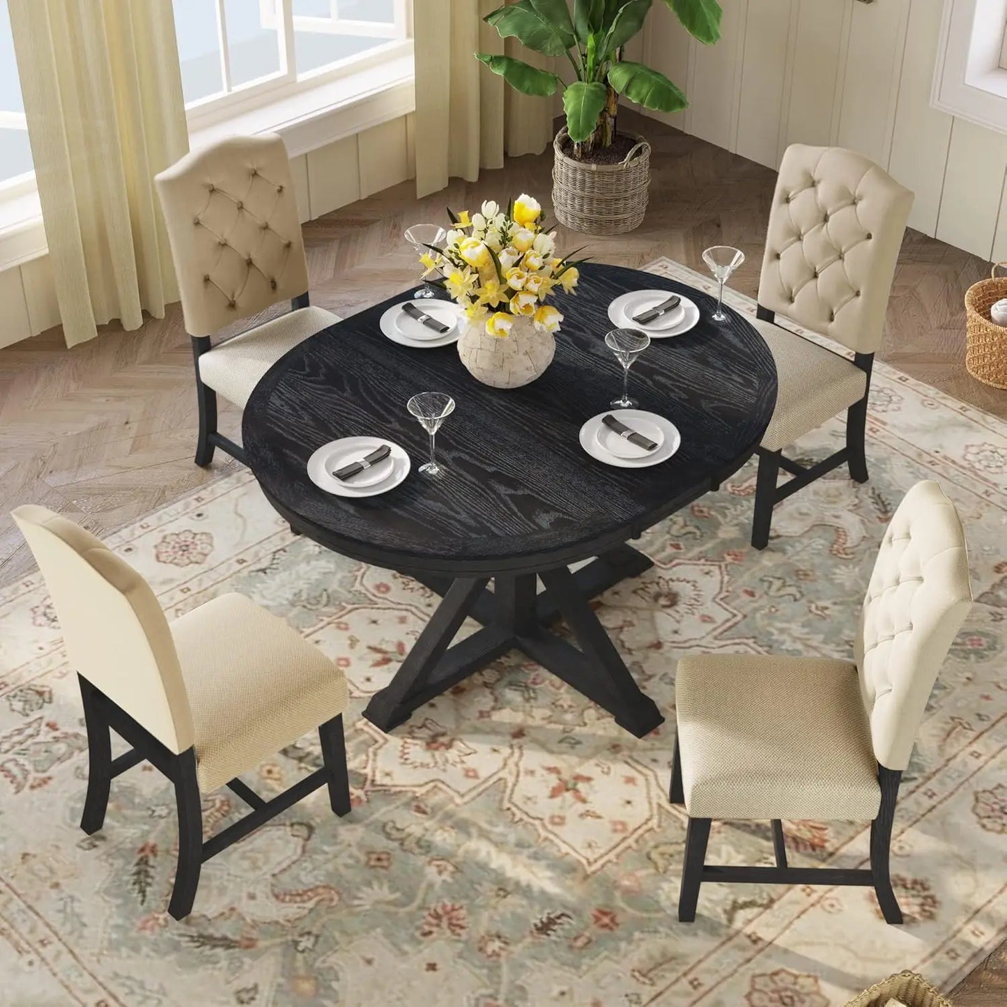 5-Piece Round Dining Table Set, Extendable Table with 4 Upholstered Chairs, Dining Room Table Sets, Kitchen Tables sets