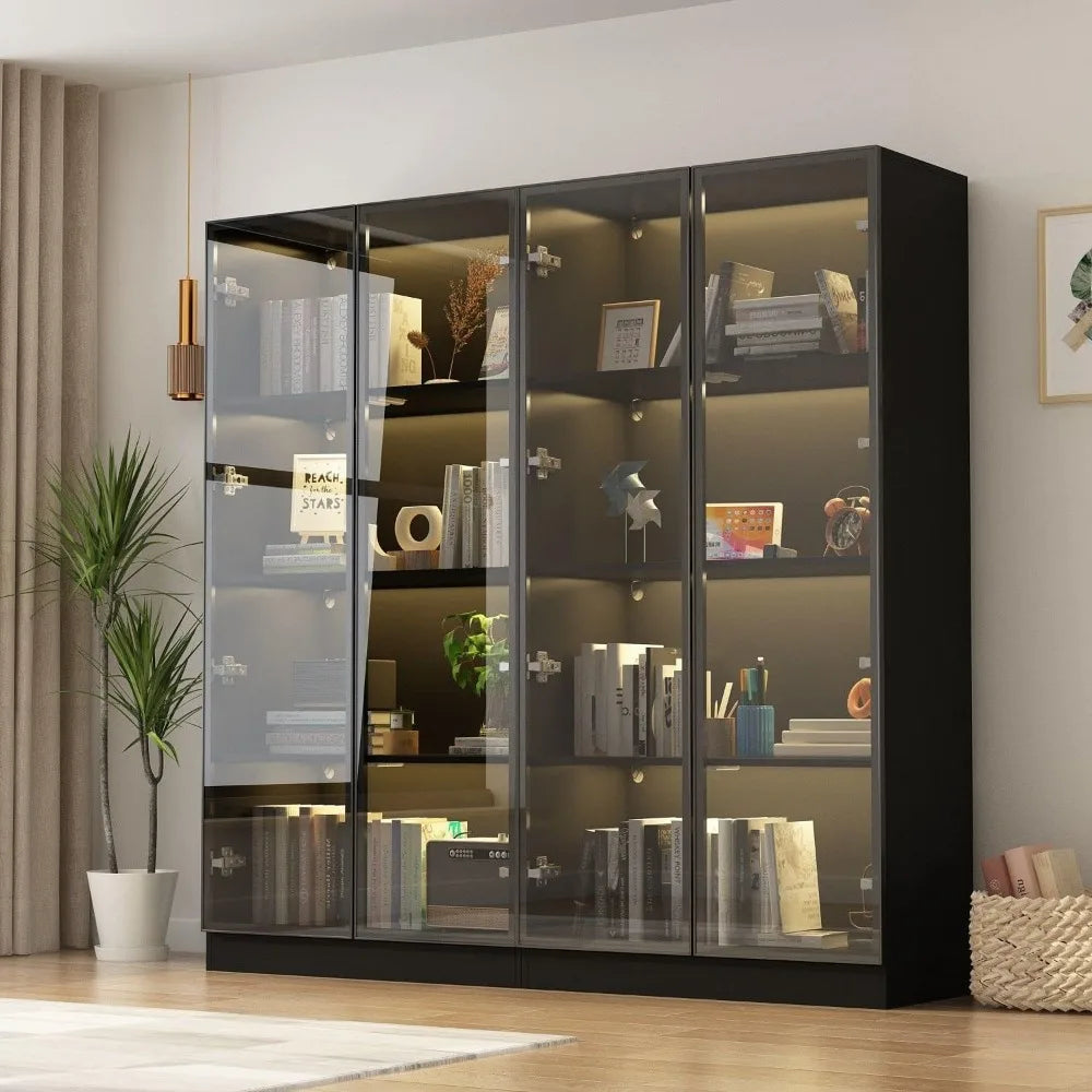 Display Cabinet with Glass Doors and Lights, 4-Tier Storage Shelves, Pop-up Design,  Display Case Cabinet Black