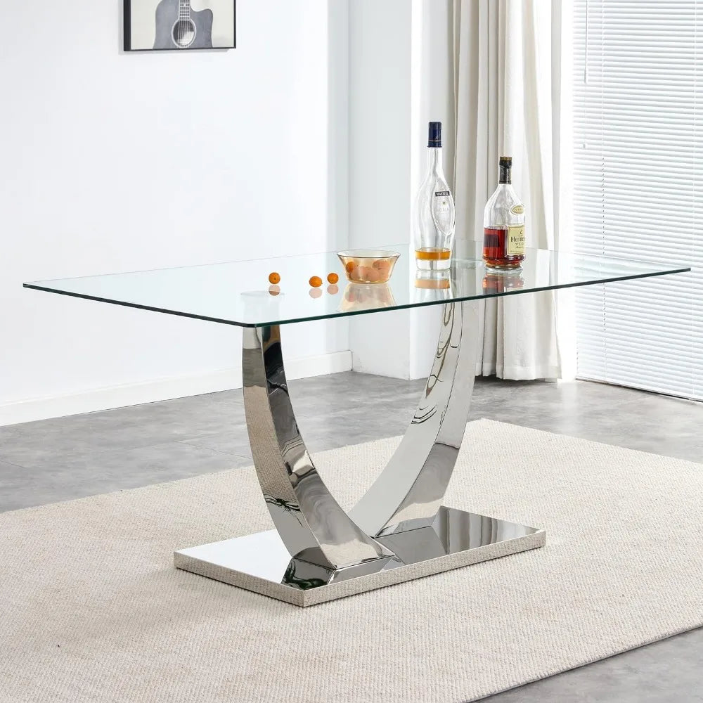 White marble dining table, 63 inch rectangular, imitation marble glass tabletop, gold MDF base, modern marble dining table