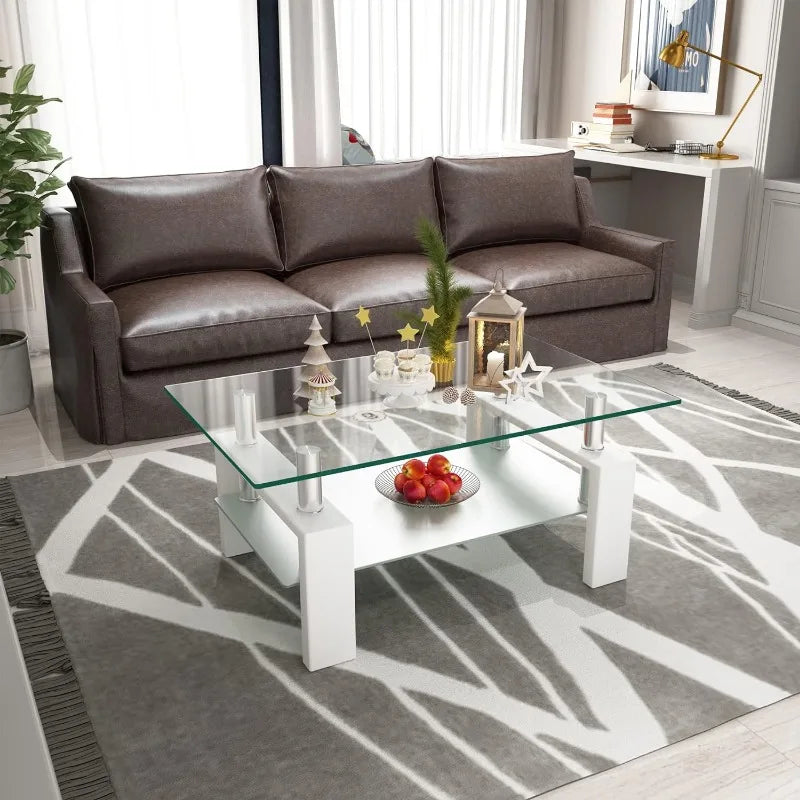 Rectangle Glass Coffee Table 2-Tier Tea Table Modern Side Coffee Table for Living Room