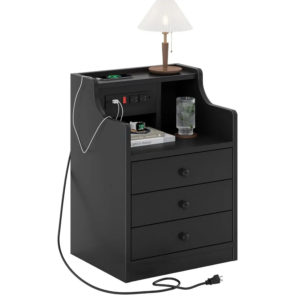 Nightstand with Charging Station,Black Night Stand for Bedroom,End Table with Hutch & Storage Drawers