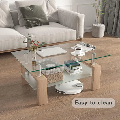 Rectangle Glass Coffee Table 2-Tier Tea Table Modern Side Coffee Table for Living Room