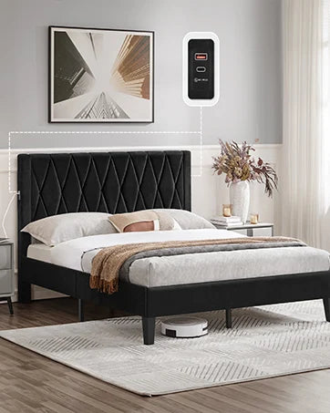 Queen Frame Upholstered Platform Bed With Fabric Headboard, Wing Edge Design/Non-Slip And Noise-Free/Wooden Slats