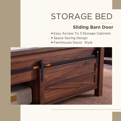 King Size Bed Freme with Sliding Barn Door Storage Cabinets, Solid Wood Slats Support, Noiseless Beds