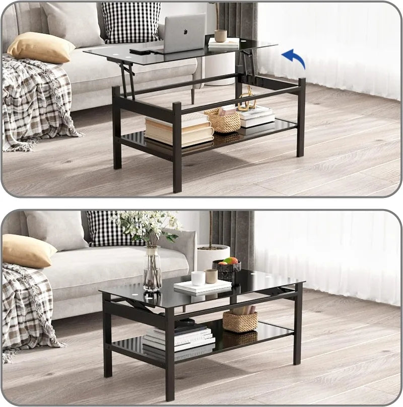 Rectangle Glass Coffee Table 2-Tier Tea Table Modern Side Coffee Table for Living Room