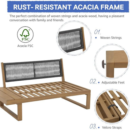 4 Piece Acacia Wood Patio Furniture Set, L-Shaped Outdoor Sectional Sofa with Coffee Table, Built-in Side Table, Cushions