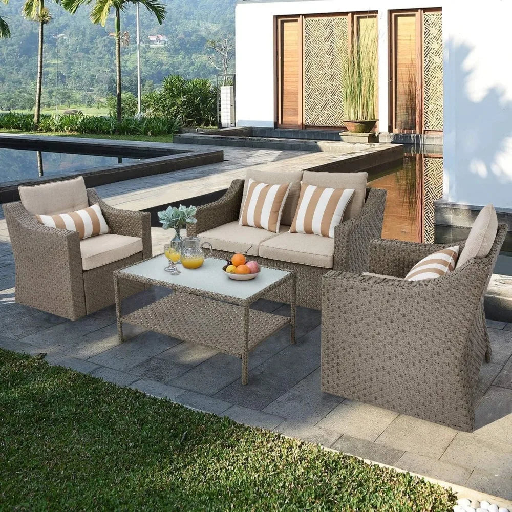 Outdoor Patio Furniture Set 7-Piece Wicker Conversation  Lounge Chairs with Ottoman & Loveseat with Glass Coffee Table Pillow