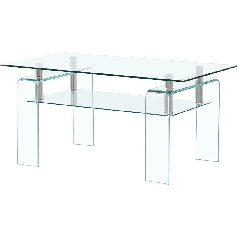 Clear Glass Coffee Table Metal Tube (All-Black)