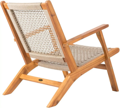 Natural Stain Outdoor Chair Acacia Wood Construction Hand Woven Seat Comfortable Reclining Armchair Patio Lawn Garden Backyard