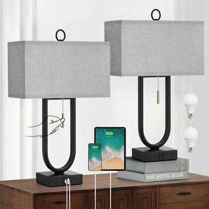 Luvkczc Nightstand Lamps Set of 2 with USB C+A Ports, 24'' Tall Table Lamp with Two 3000K LED Bulbs, Linen Lampshade