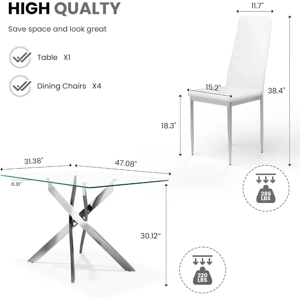 Glass Dining Table, Rectangular Kitchen Table, Small Dining Table with 4 Chairs, 5 Piece Glass Dinings Tables and Chair Set