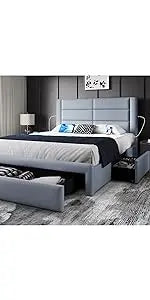 Queen Frame Upholstered Platform Bed With Fabric Headboard, Wing Edge Design/Non-Slip And Noise-Free/Wooden Slats