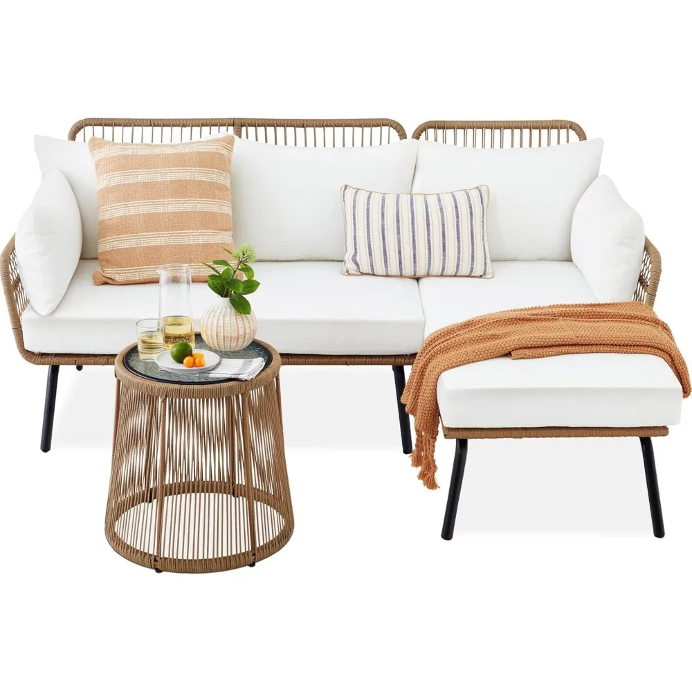 Outdoor Rope Woven Sectional Patio Furniture, L-Shaped Conversation Sofa Set, Thick Cushions, Detachable Lounger, Side Table