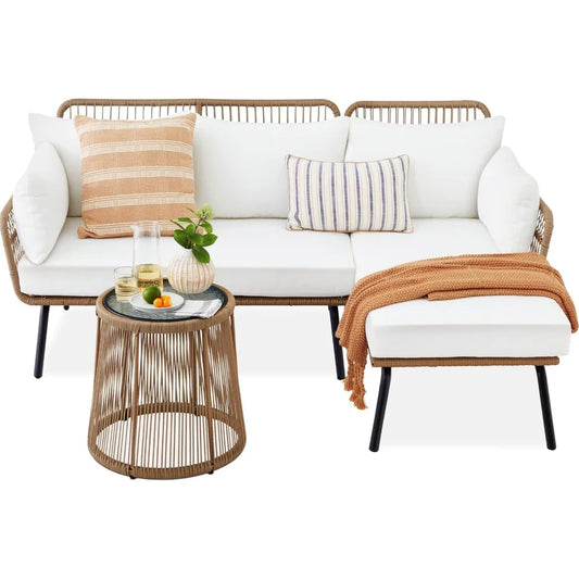 Outdoor Rope Woven Sectional Patio Furniture, L-Shaped Conversation Sofa Set, Thick Cushions, Detachable Lounger, Side Table