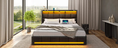 Twin Size Frame With LED Lights And Charging Station, Upholstered Bed Storage Headboard &Amp; Drawers, Heavy Duty