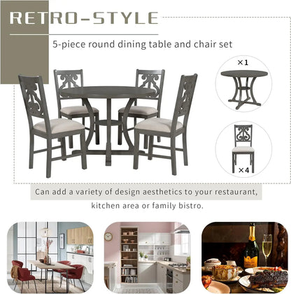 5-Piece Round Dining Table Set, Extendable Table with 4 Upholstered Chairs, Dining Room Table Sets, Kitchen Tables sets