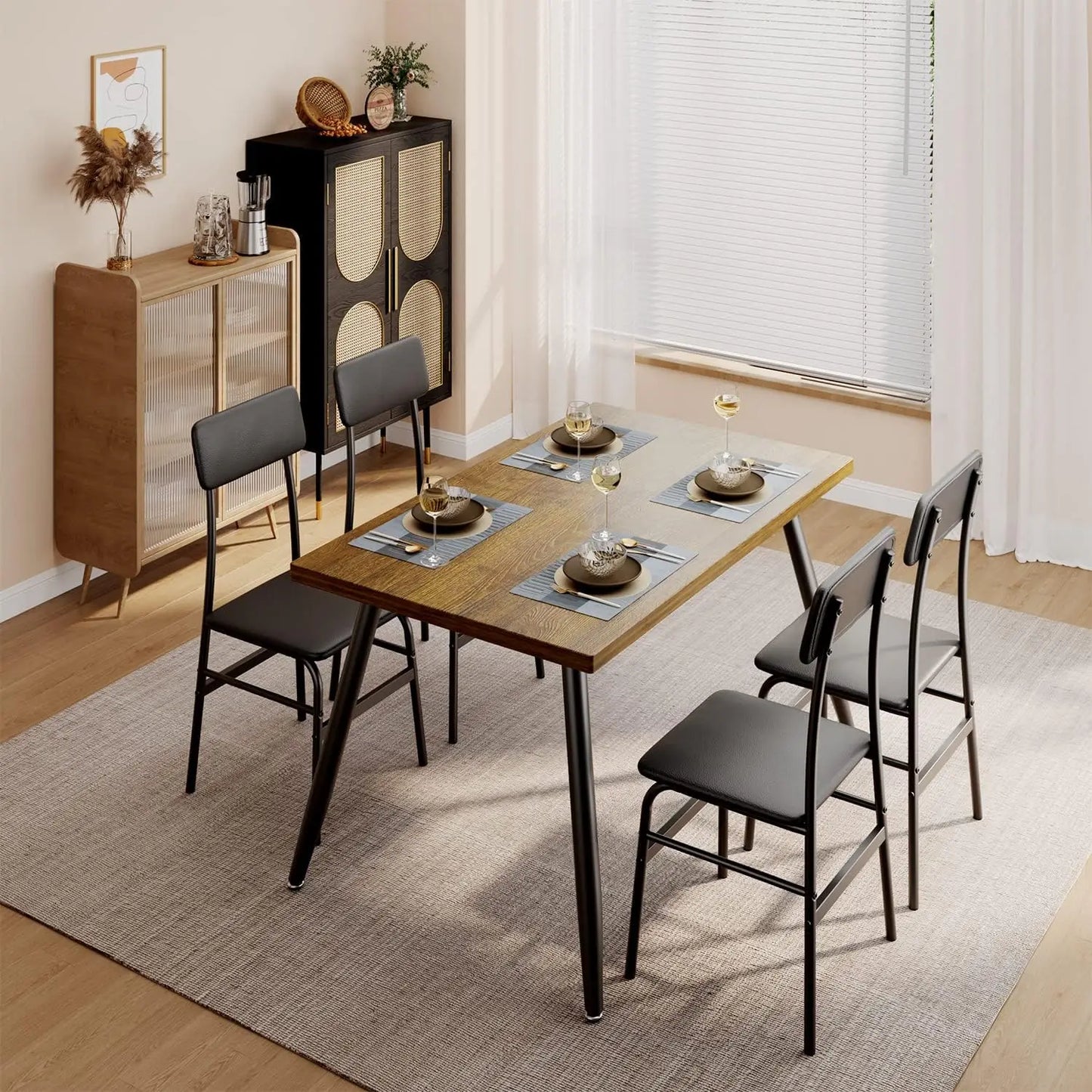 Dining Table Set for 4,Sleek Design Rectangular Kitchen Dining Table with Black-4 Back Chairs for Small Space, Apartment