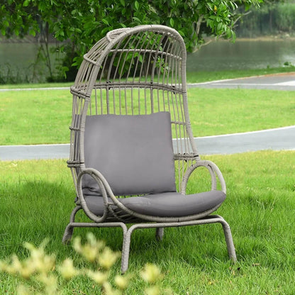 Outdoor Narrow Egg Chair Wicker, Patio Rattan Basket Chair with 370lbs Capacity Indoor Egg Chairs with Stand & Cushion Grey