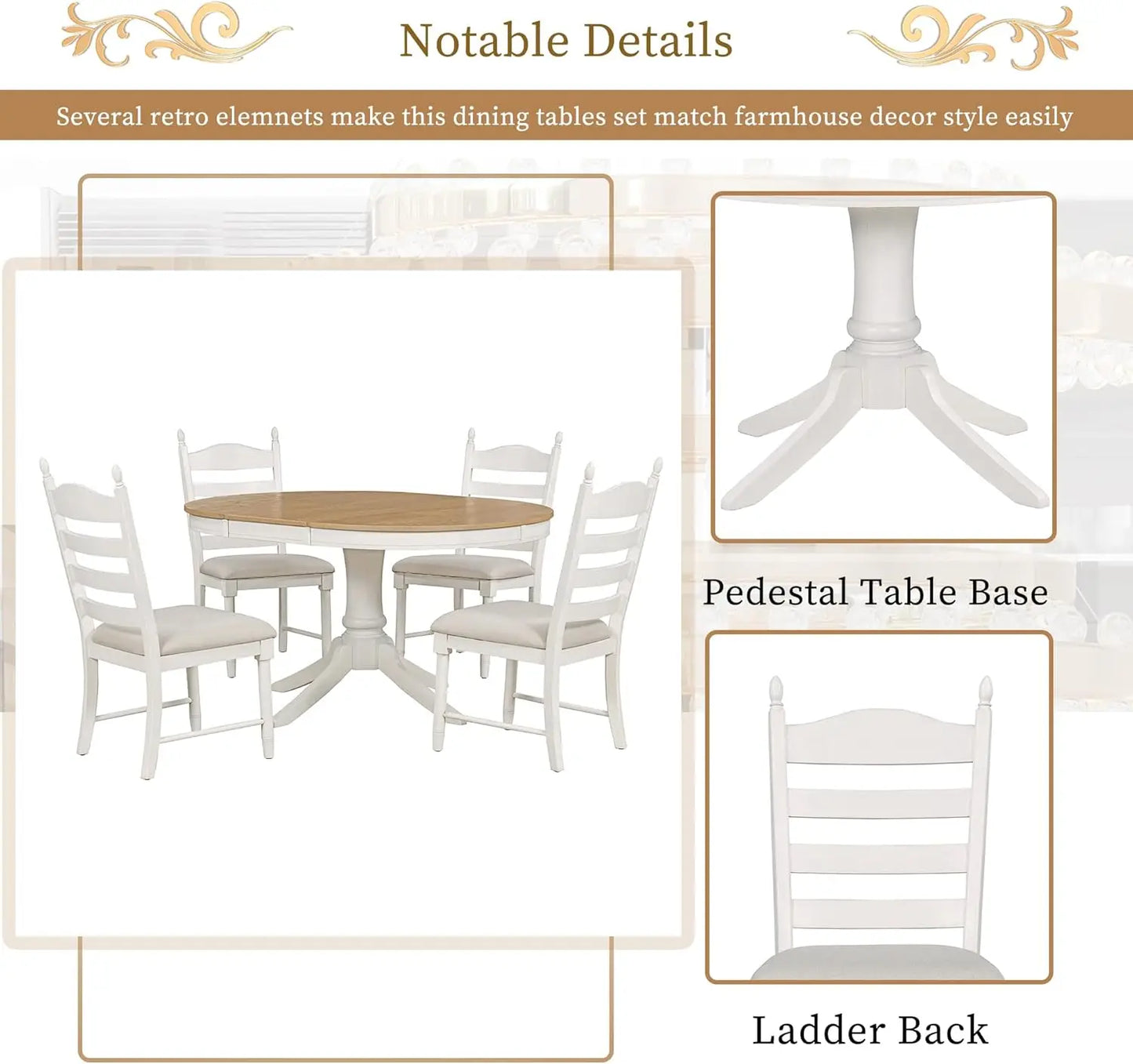 5-Piece Round Dining Table Set, Extendable Table with 4 Upholstered Chairs, Dining Room Table Sets, Kitchen Tables sets